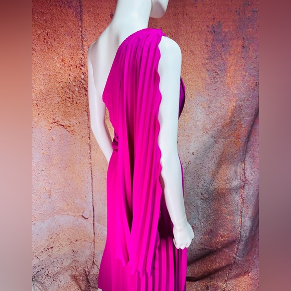 Elegant Large One-Shoulder Pleated Hot Pink Dress - Picture 6 of 7